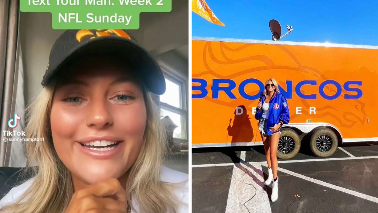 Sunny Hampton wearing a black hat in a TikTok. Right: Hampton in a blue jacket in front of a Denver Broncos truck.