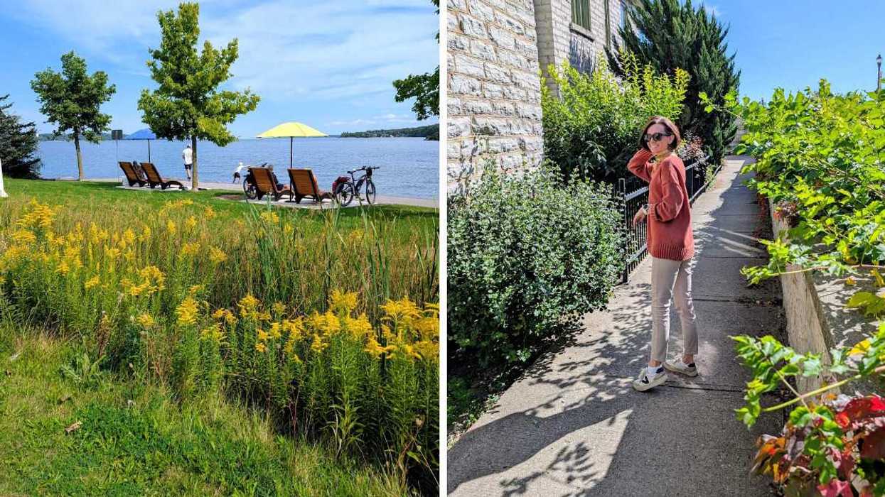Sunny lakeside park with loungers. Right: A woman walks on shaded garden path.