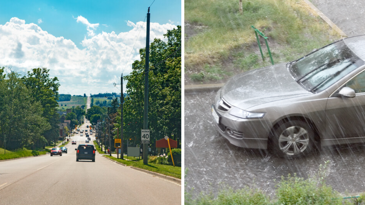 Sunny street.Right: Hail hitting a car.