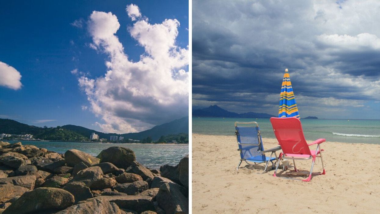 Sunny weather by a river. Right: Bad weather approaching a beach.