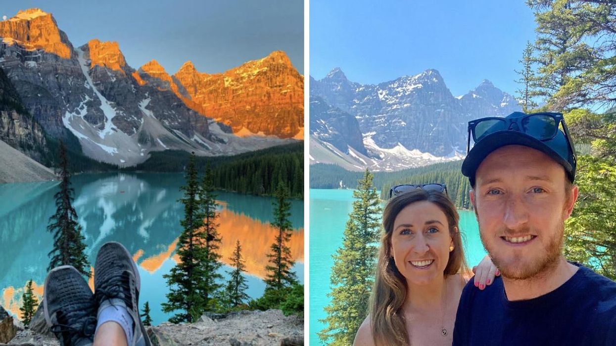 Sunrise at Moraine Lake in Banff National Park, Alberta, and right, a couple take a selfie at Moraine Lake.