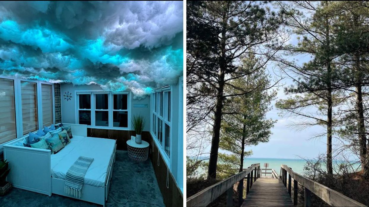 Sunroom with glowing cloud lighting. Right: Boardwalk to the beach.