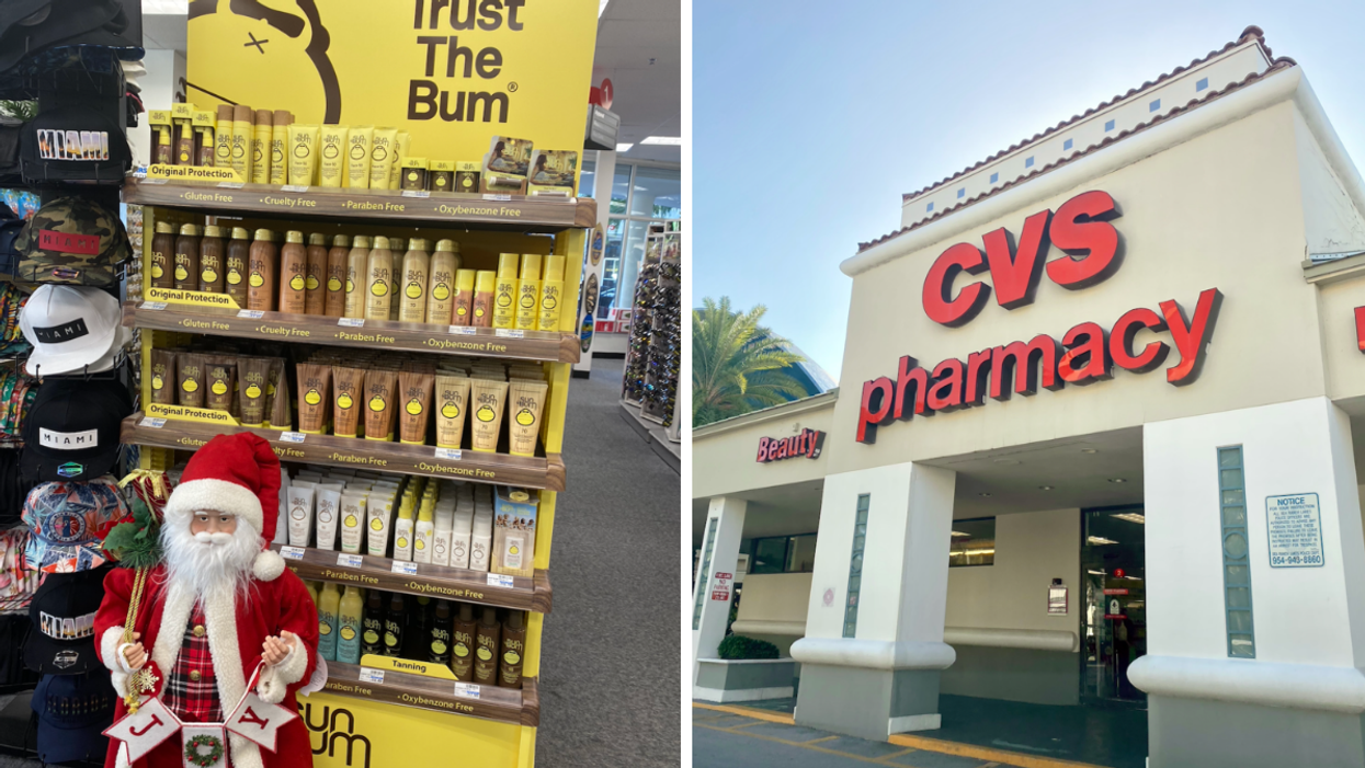 Sunscreen with a mini Santa. Right: A CVS in Florida.