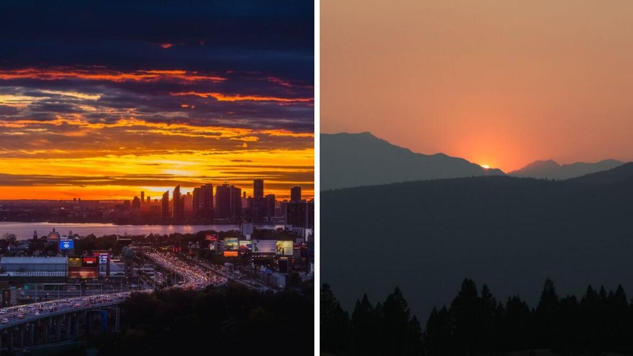 Sunset behind buildings in Toronto. Right: The sun going down behind a mountain in B.C.
