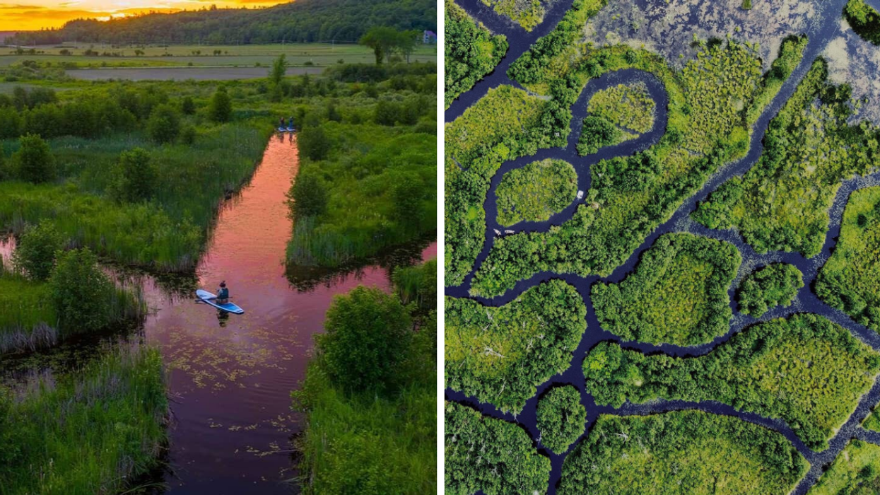 Sunset glow on a water maze with paddler. Right: Aerial view of Eco-Odyssee water labyrinth.