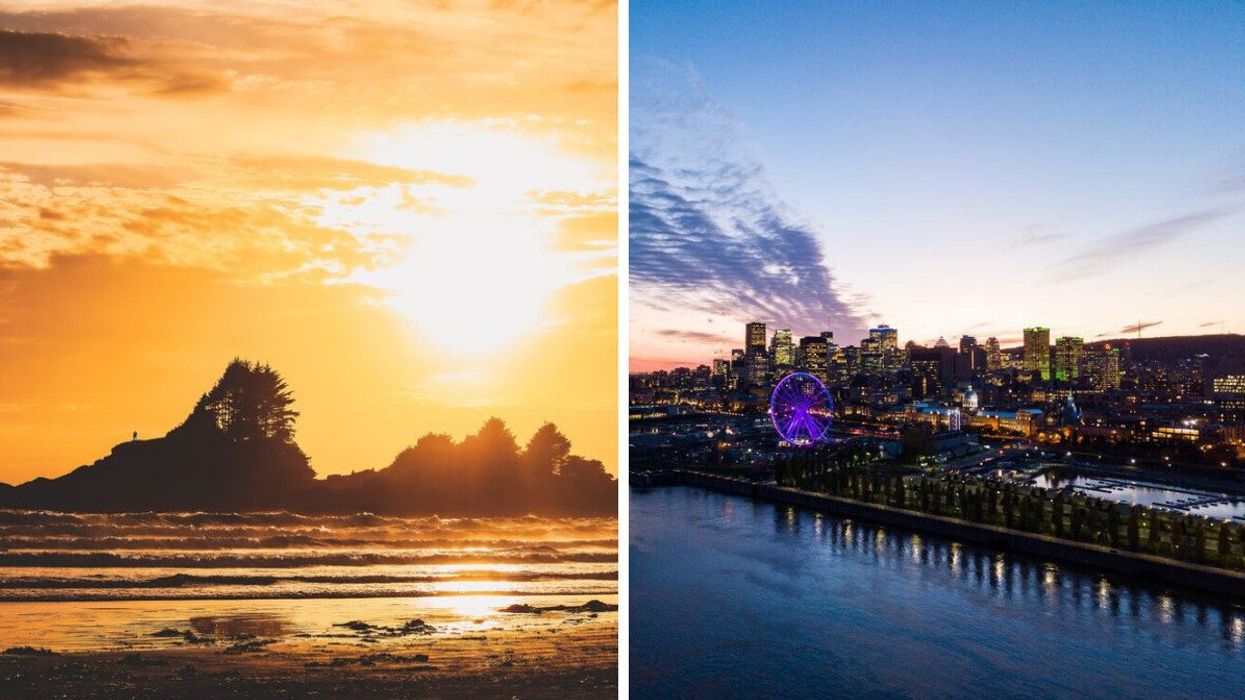 Sunset on a beach in B.C. Right: Sunset behind the Montreal skyline.