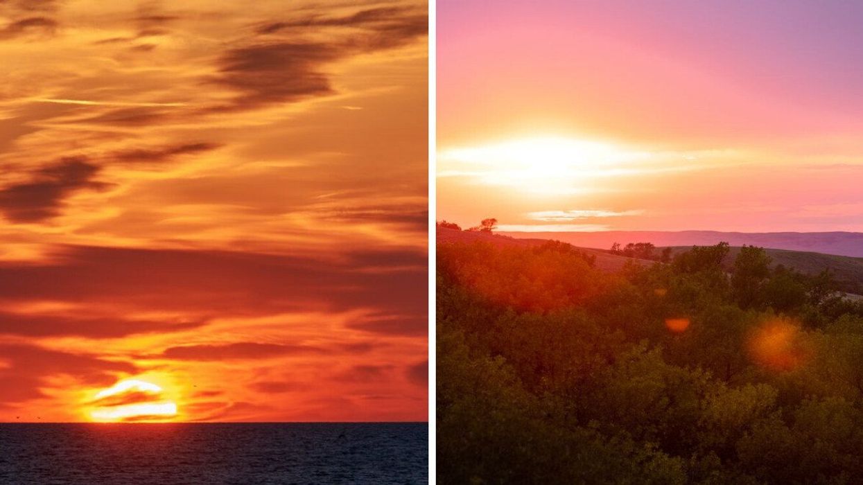 Sunset on a lake in Ontario. Right: Hazy sunset in Saskatchewan.