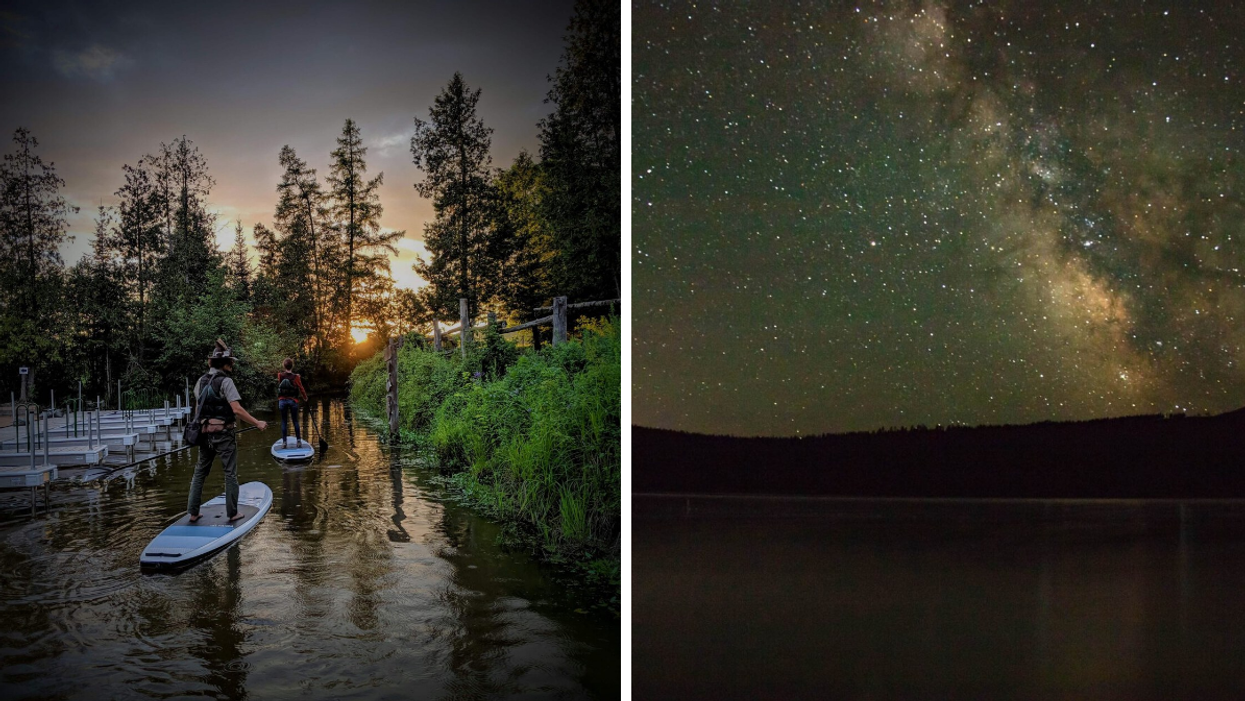 Sunset paddle boarding through a water maze. Right: Night sky full of stars over the water.