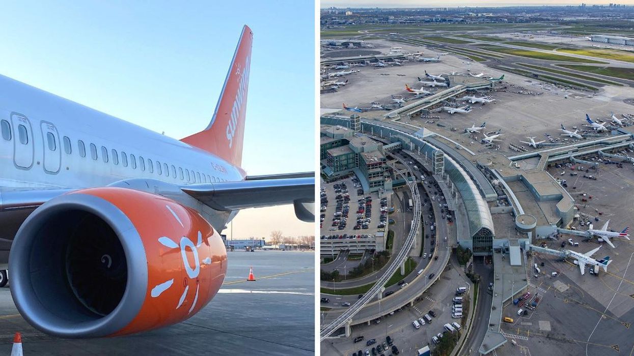 Sunwing airplane. Right: Toronto Pearson International Airport.