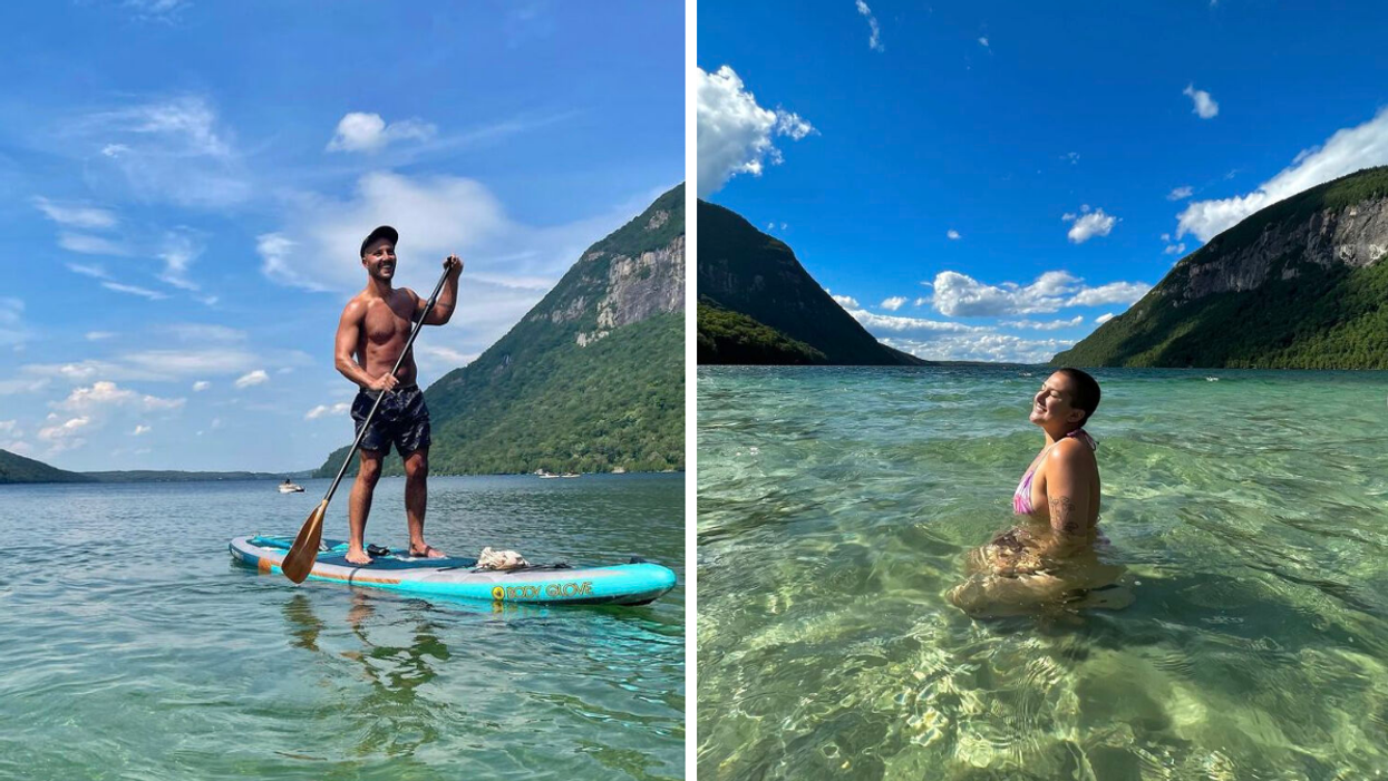 SUP au Lac Willoughby. Droite : Baignade au Lac Willoughby.