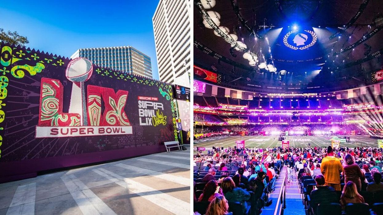 super bowl lix sign in new orleans. right: view of the football field at caesars superdome from the stands