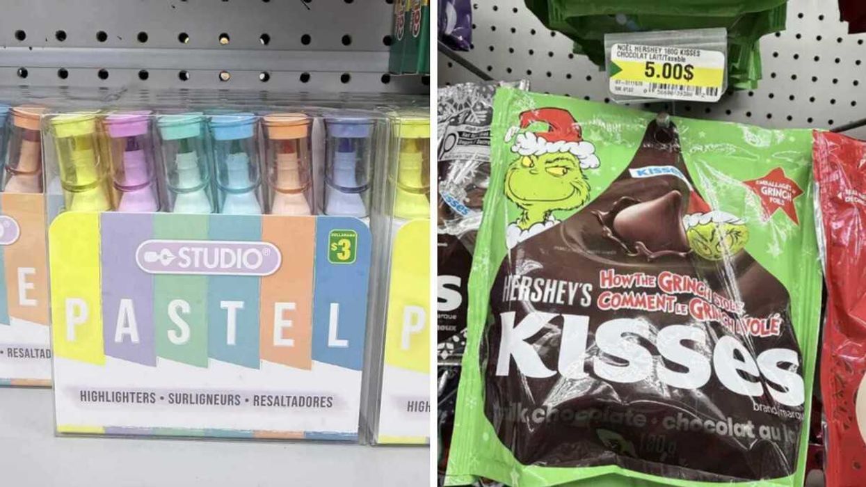 Surligneurs vendus au Dollarama pour 3 $. Droite : Sac de chocolats Hershey's Kisses Le Grincheux vendu au Dollarama pour 5 $.