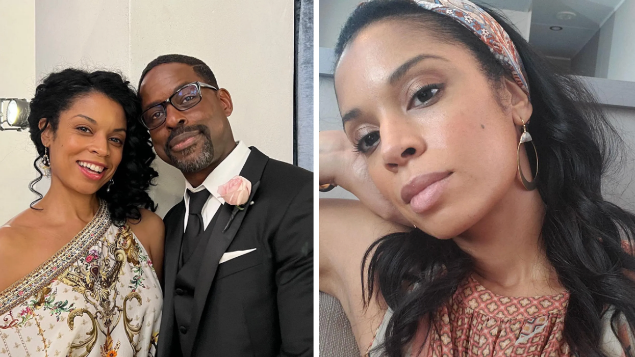 Susan Kelechi Watson and Sterling K. Brown. Right: Susan Kelechi Watson soft smiling with a headband on.