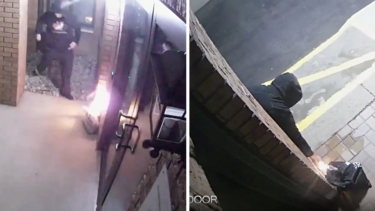 Suspect lighting Kingdom Hall of Jehovah's Witnesses doorways on fire.