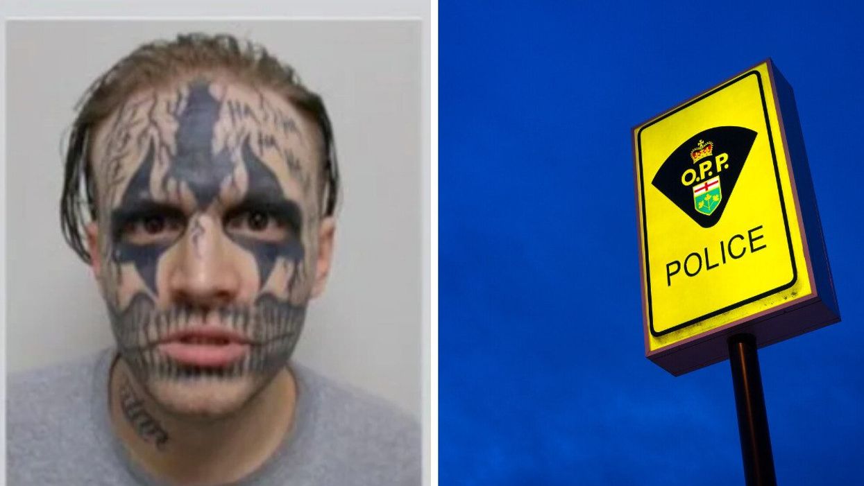 Suspect Michael Stamatakos. Right: An OPP sign.