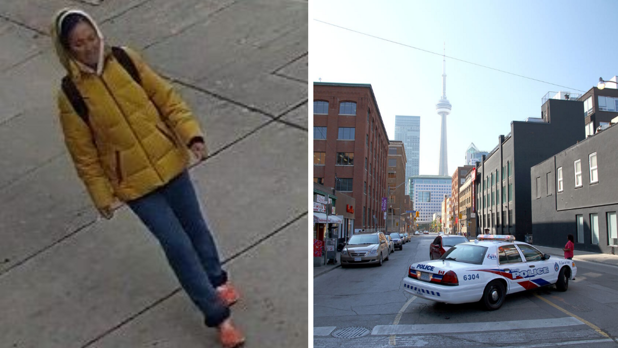 Suspect wanted for assault by the Toronto Police Service. Right: Toronto Police Service car.