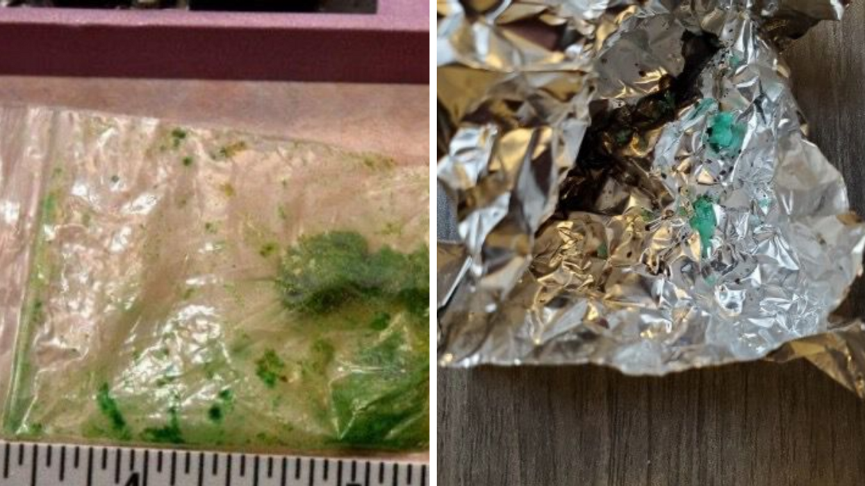Suspected green and aqua-coloured fentanyl.