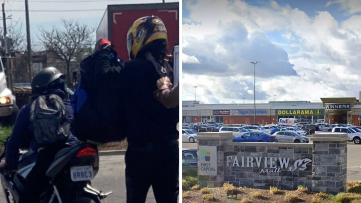 Suspects on a motorcycle. Right; Fairview Mall parking lot.