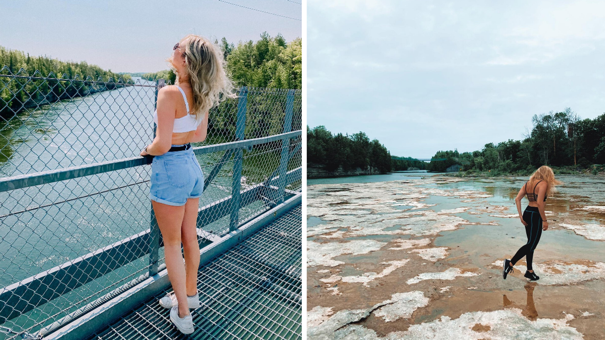 Suspension bridge hike over Ranney Gorge in Ferris Provincial Park, Ontario.