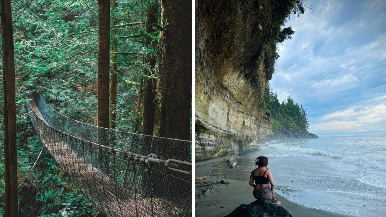 Suspension bridge in BC. Right: Beach on Vancouver Island.