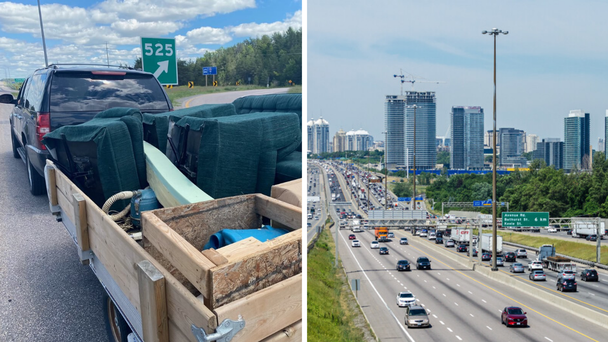 SUV hauling trailer. Right: Highway 401.