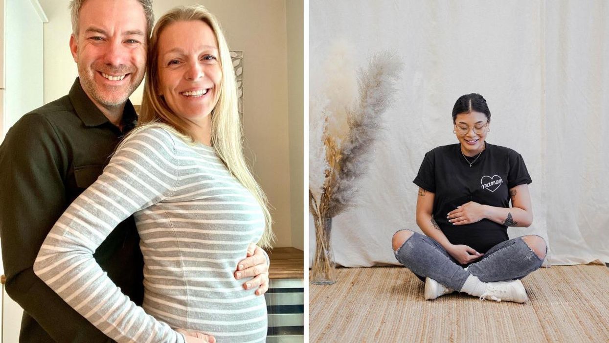 Suzie Villeneuve enceinte et son partenaire. Droite : Émilia Giguère enceinte, assiste sur un plancher de bois.