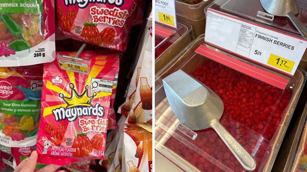 Swedish Berries at Dollarama. Right: Finnish berries at Bulk Barn.