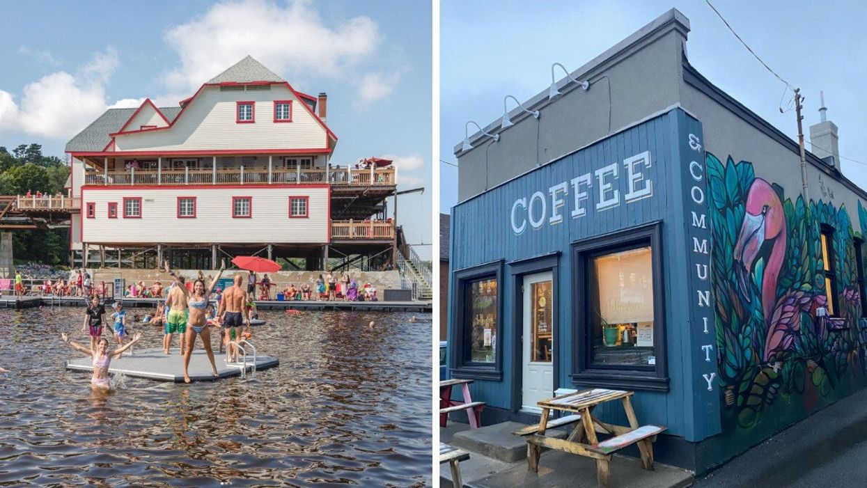 Swimmers in front of the NCC River House in Ottawa. Right: The exterior of Arlington Five, a coffee shop in Ottawa.