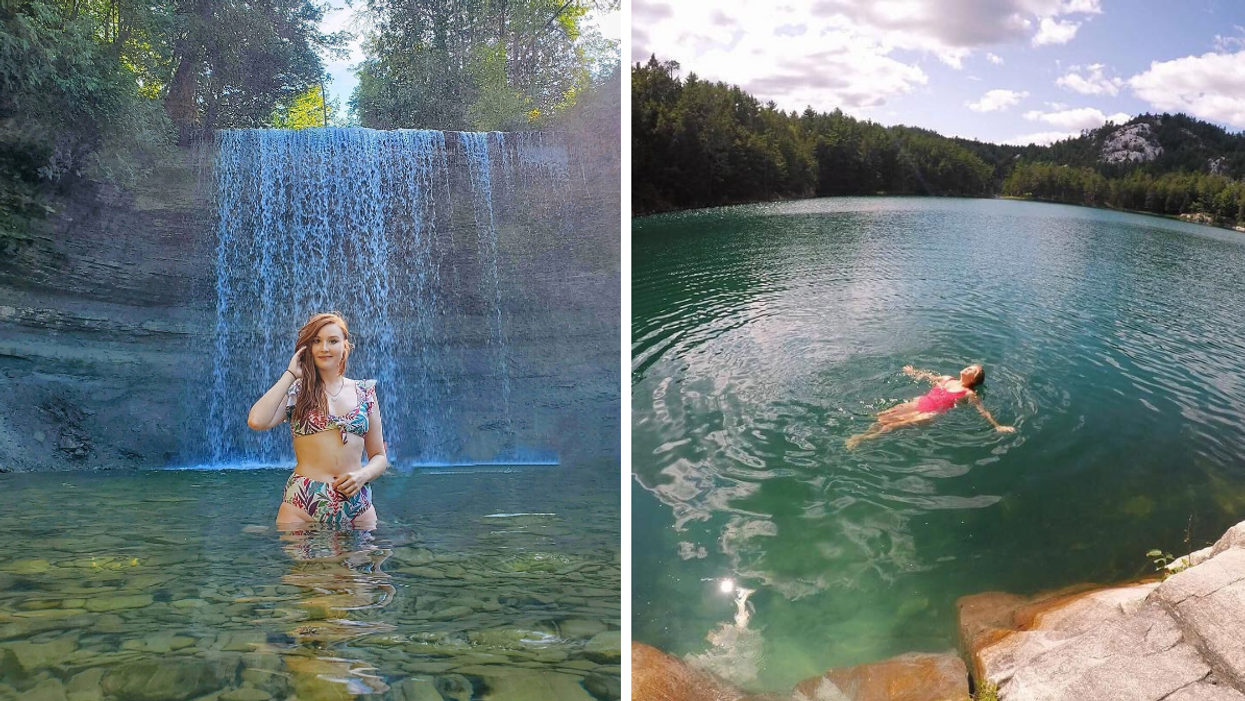 Swimming hole at Bridal Veil Falls. Right: Floating in Topaz Lake in Killarney.