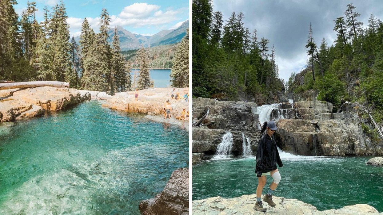 Swimming hole on Vancouver Island. Right: Lower Myra Falls in B.C.