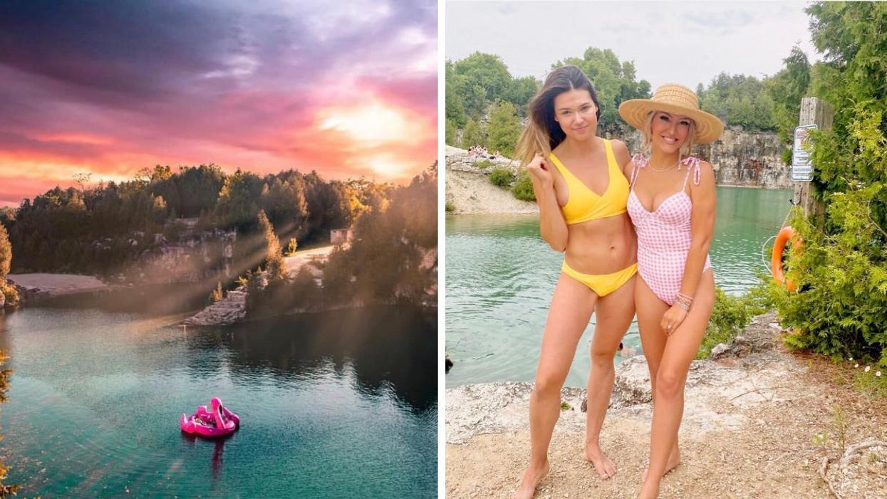 Swimming hole with pink flamingo floatie. Right: Two women standing on a beach.
