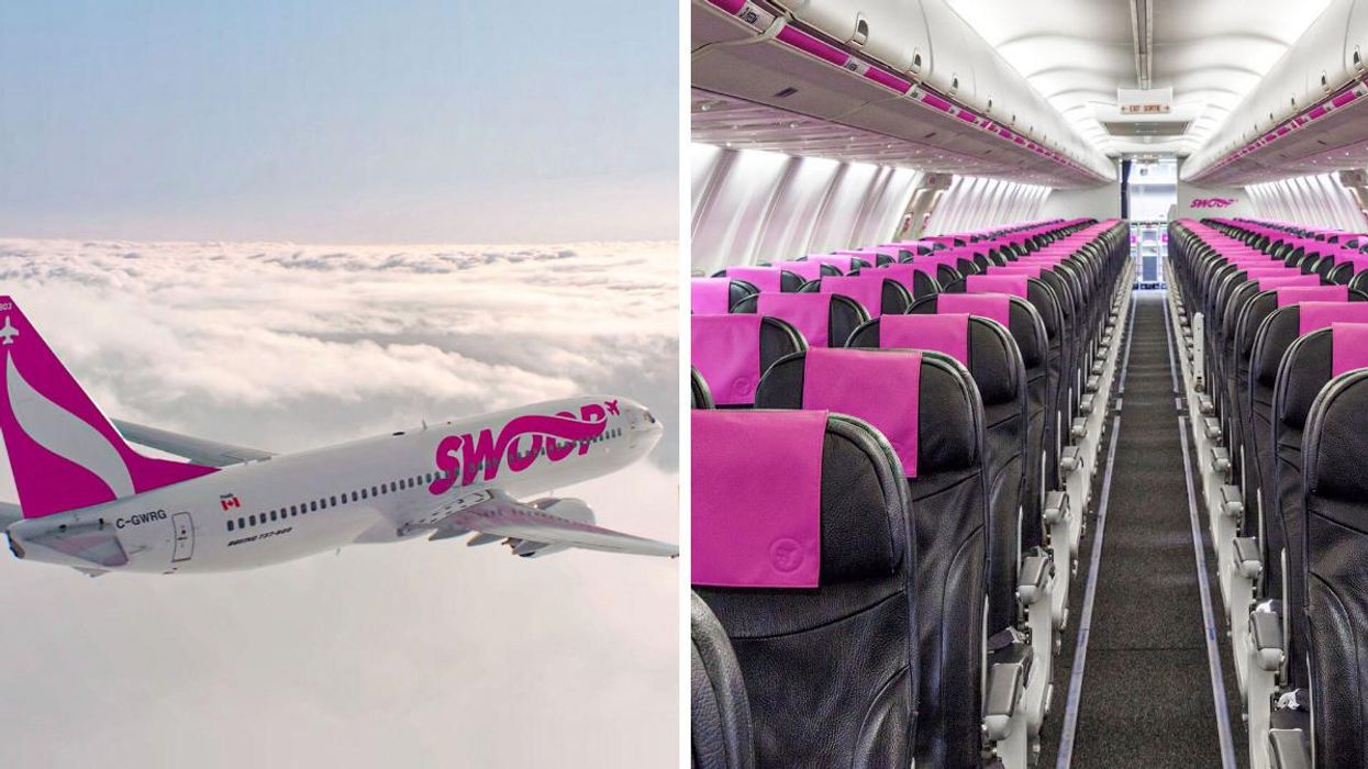 Swoop airplane in the sky. Right: Inside a Swoop airplane cabin.