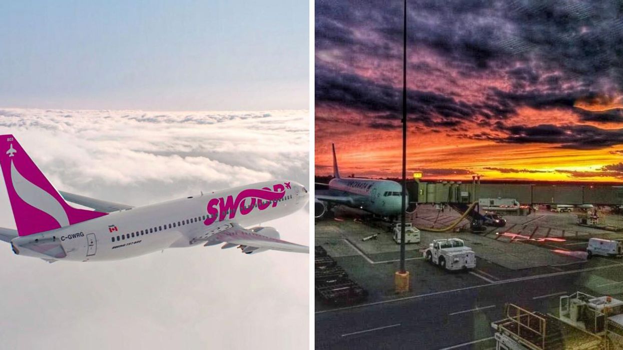 Swoop airplane. Right: Ottawa International Airport.