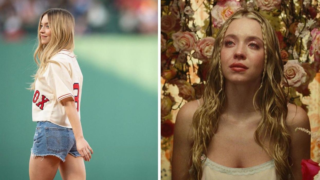 Sydney Sweeney before throwing a pitch at a Boston Red Sox game. Right: Sydney Sweeney in HBO's "Euphoria."