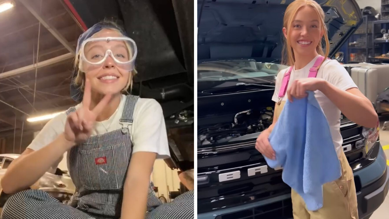 Sydney Sweeney working on a car. Right: Sweeney holding a towel in front of a vehicle.