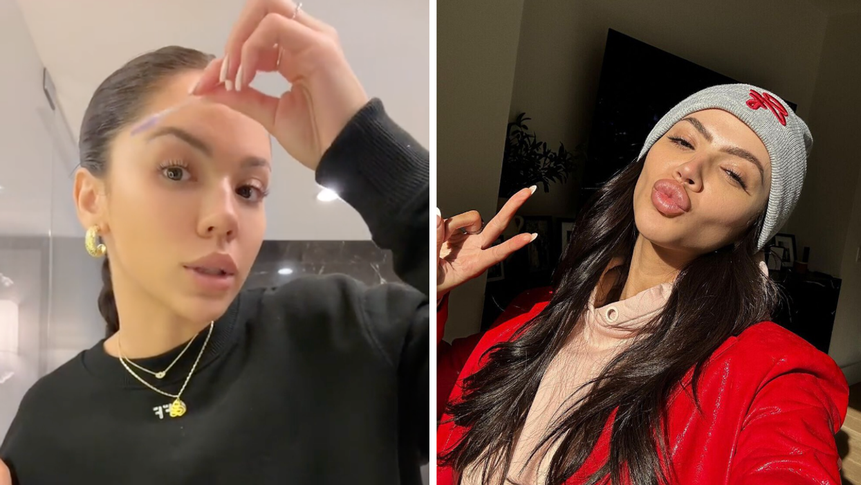 Sydney Warner spilling the NFL tea. Right: Sydney Warner in a red jacket.