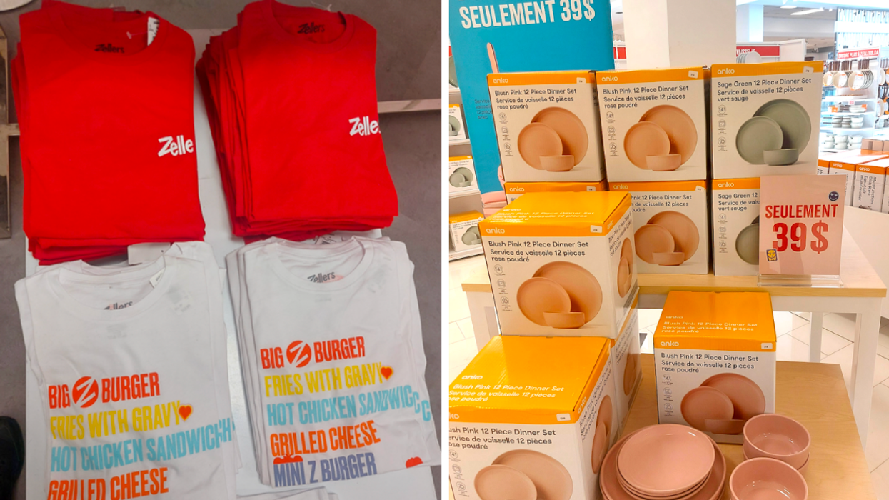 T-shirt Zellers. Droite : Vaisselle Anko.