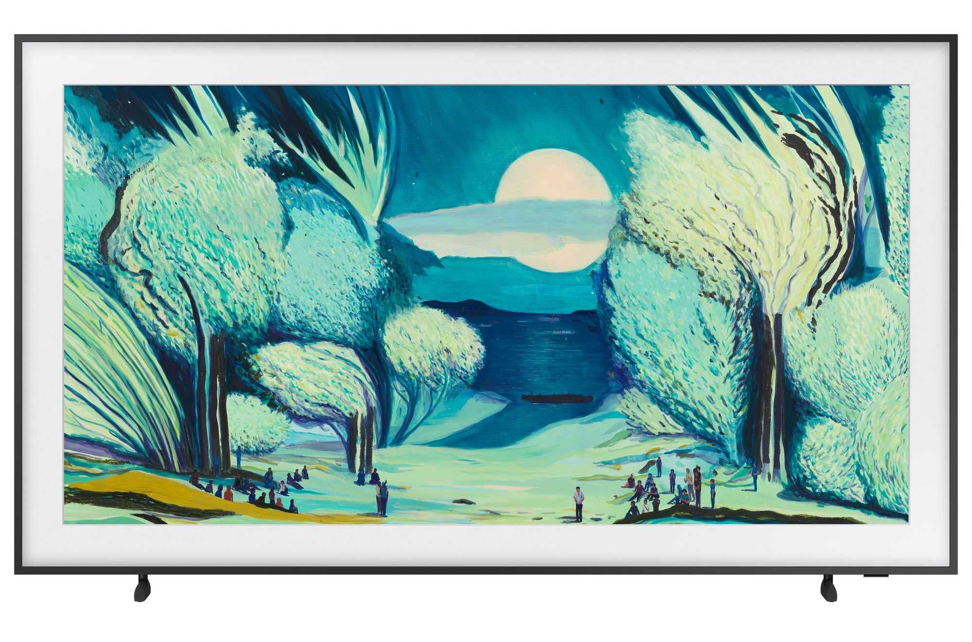 T\u00e9l\u00e9 Samsung Frame avec image artistique \u00e0 l\u2019\u00e9cran dans un int\u00e9rieur moderne