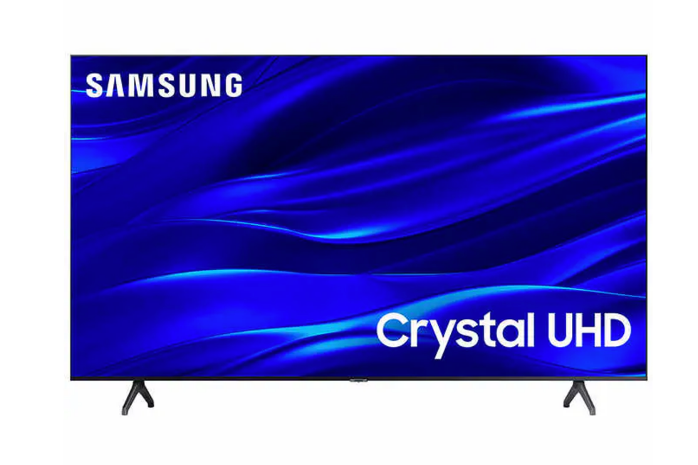 t\u00e9l\u00e9viseur samsung sur pattes avec fond d'\u00e9cran bleu