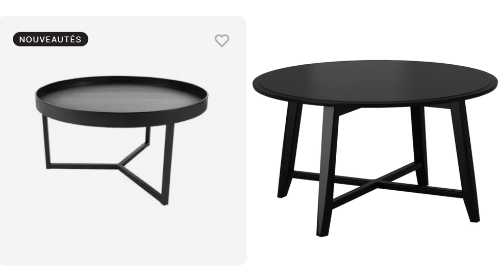 Table basse noire \u00e0 trois pattes. Droite : Table basse noire \u00e0 quatre pattes.
