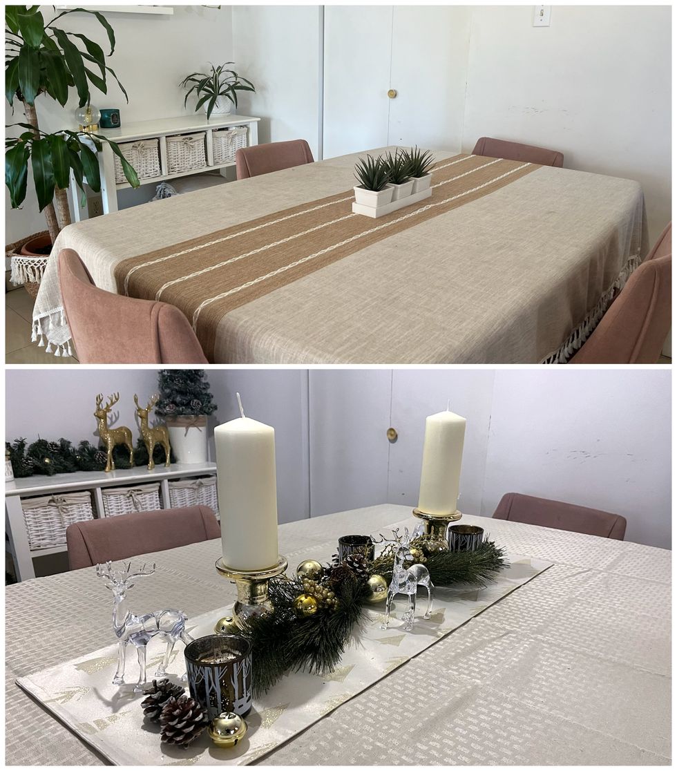 Table de cuisine : avant et apr\u00e8s les d\u00e9corations de No\u00ebl dor\u00e9es et blanches au centre de la table.