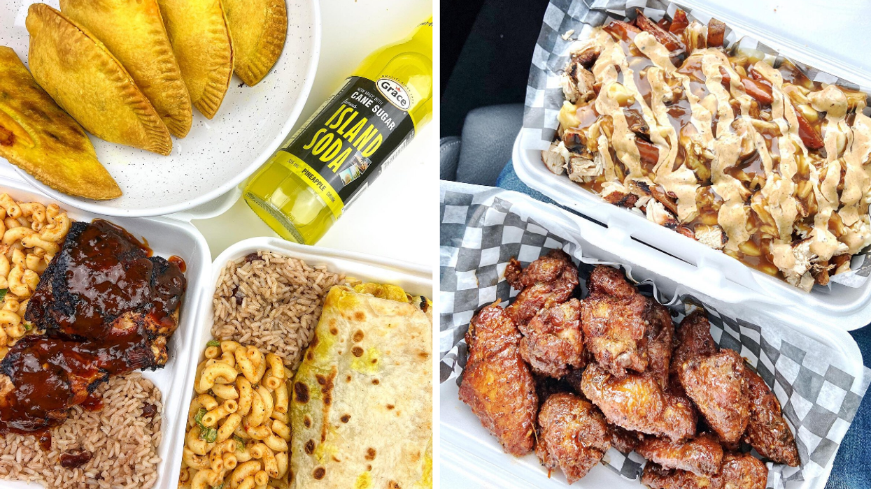 Table of Jamaican patties and BBQ meals. Right: Caribbean street food from an Ottawa food truck.