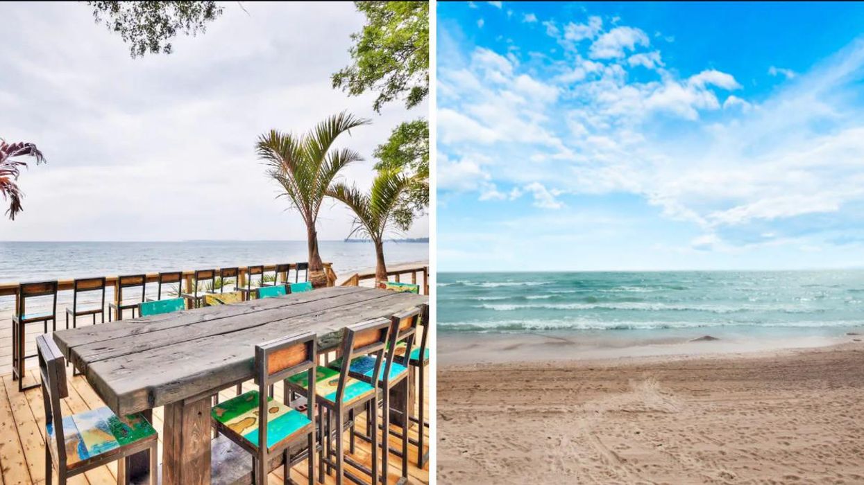 Table on a patio of an Airbnb in Wainfleet, Ontario. Right: Lake Erie beach.