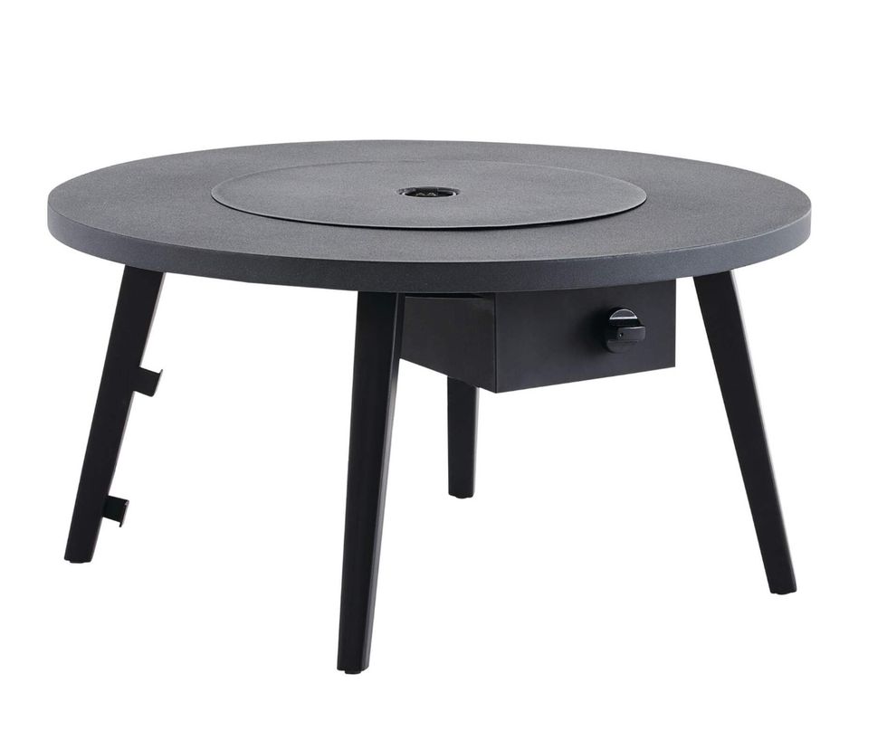 Table ronde noir avec foyer d'ext\u00e9rieur int\u00e9gr\u00e9.