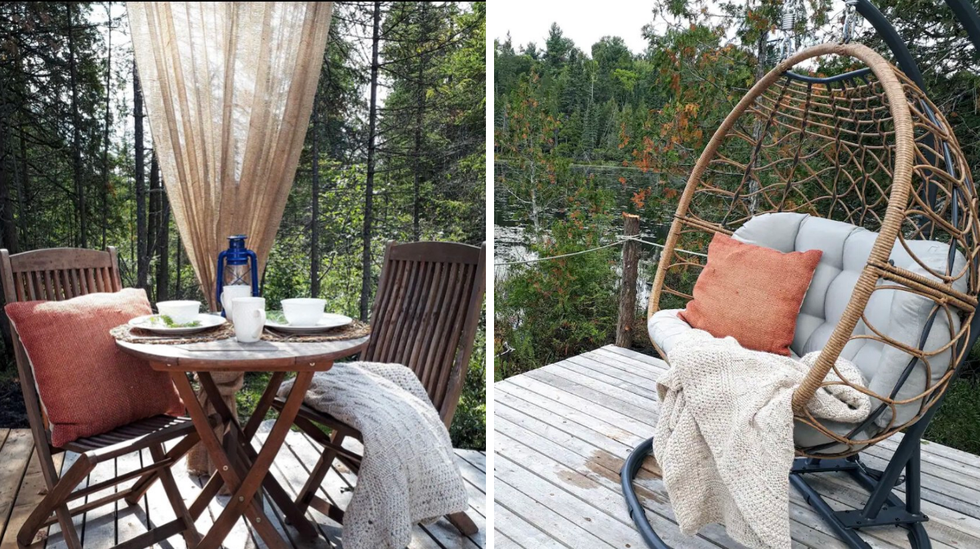 Table \u00e0 manger. Droite : Fauteuil balancoire