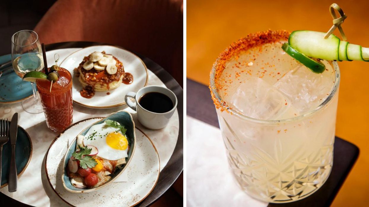 Table with coffee and brunch dishes. Right: Mimosa from Rabbit! Rabbit! Rabbit!