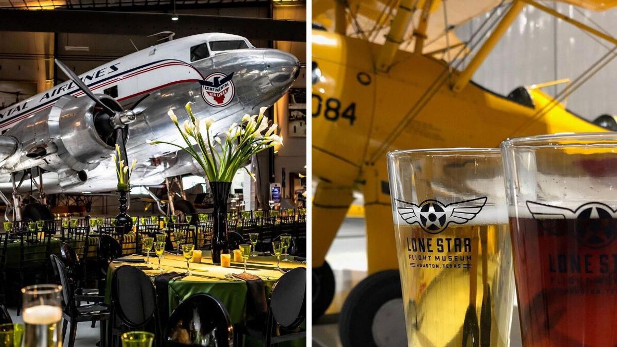 Tables in front of a plane at the Lone Star Flight Museum in Houston, TX. Right: Two drinks next to a yellow plane.