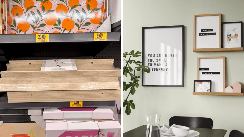 Tablette murale en vente pour 5 $ au Tigre G\u00e9ant. Droite : Tablette murale en vente au Ikea pour 10 $.
