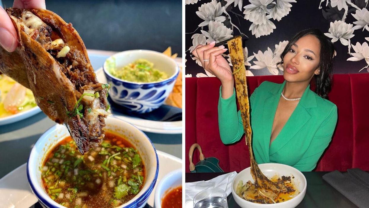 Taco being dipped in sauce. Right: Woman eating a bowl of noodles.