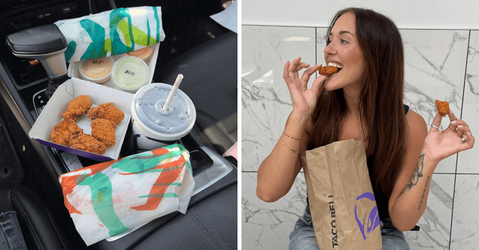 Taco Bell Canada dishes arranged on the centre console of a car. Right: Shay tasted a Taco Bell chicken nugget.